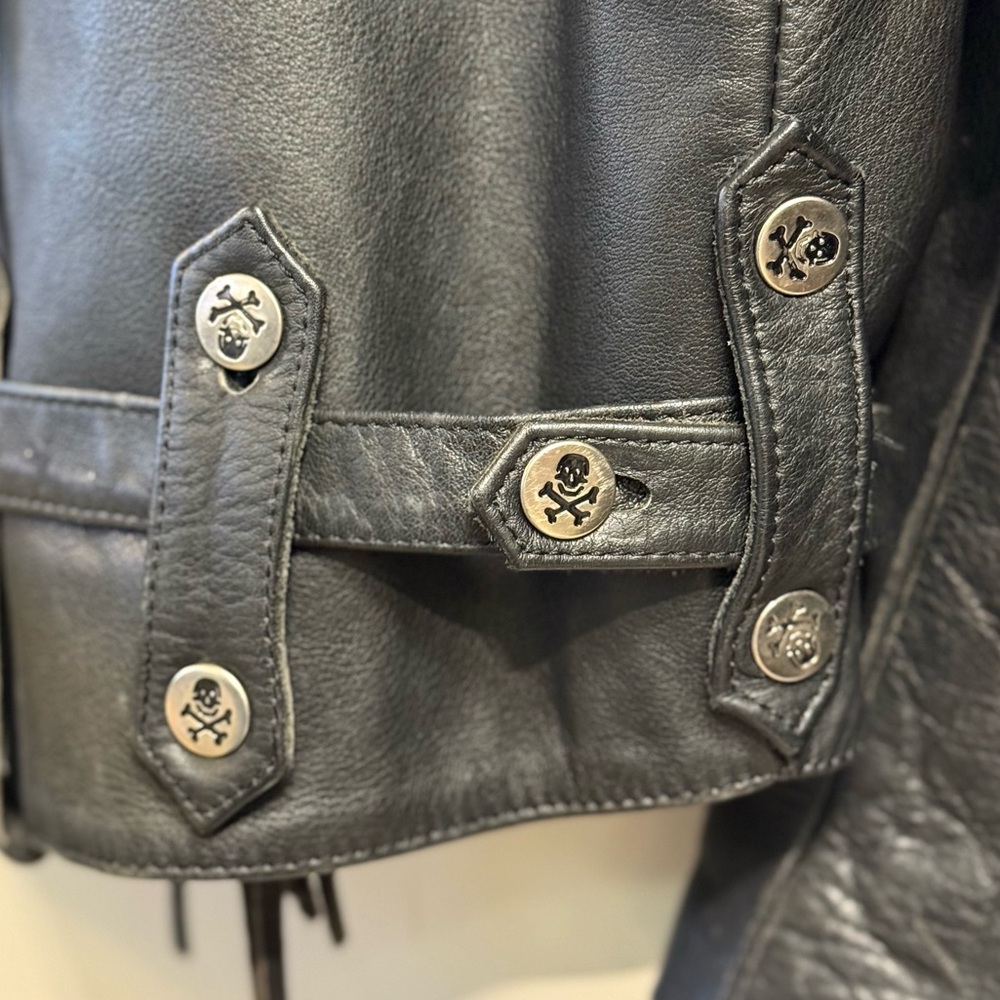 Verducci size 38 black leather fringe moto jacket skull buttons - Picture 6 of 15